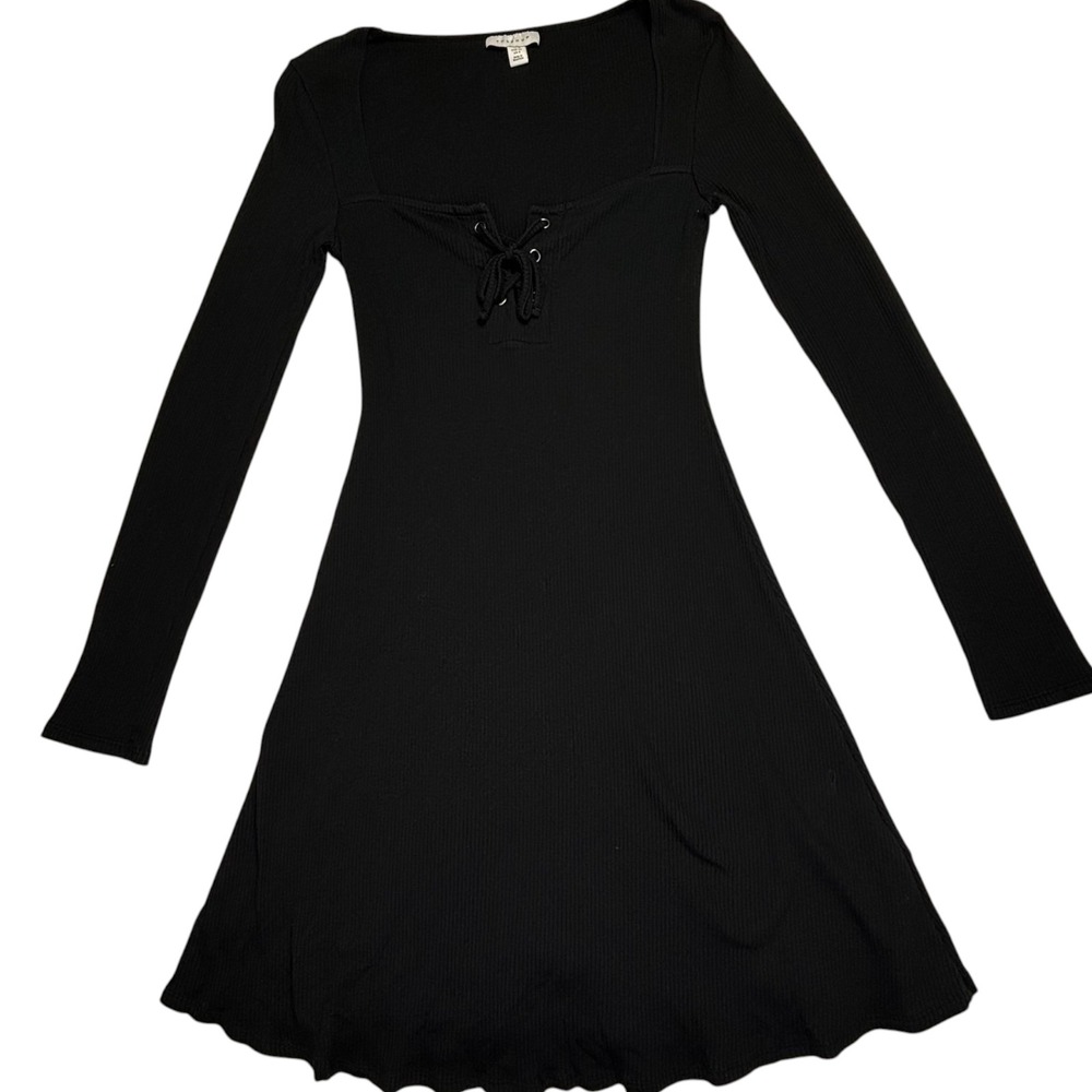 Topshop Ribbed Lace Up Dress Black Long Sleeve Fit Flare Stretch Size 8‎